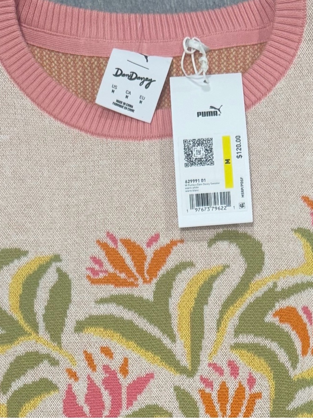 Puma Cream Floral Intarsia Crewneck Sweater with Pink Trim - Picture 9 of 9
